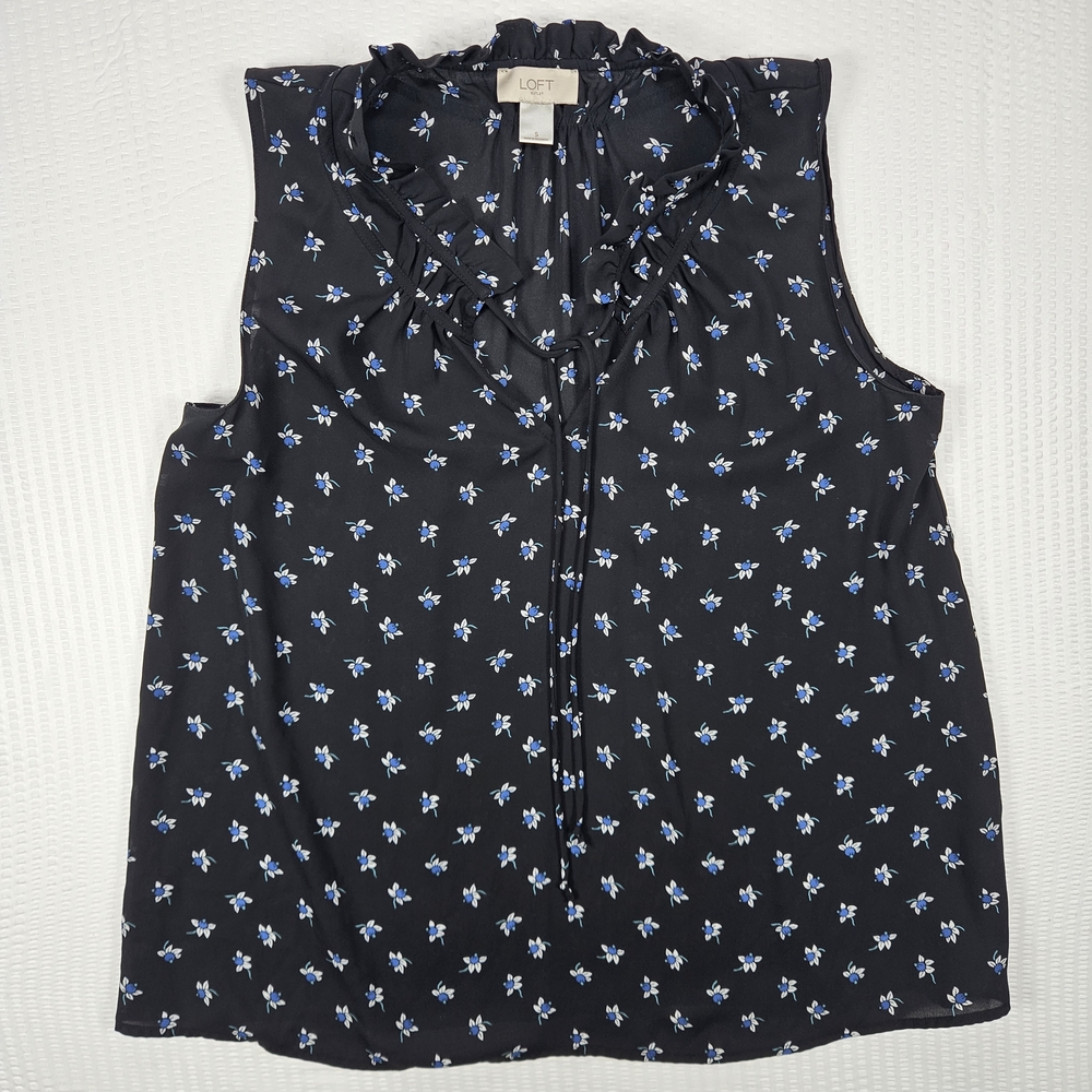 LOFT Floral Sleeveless Ruffle Tie Neck Blouse Size S